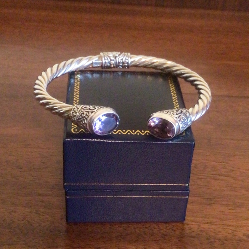 Sterling Silver Twist Cuff Bracelet with Amethyst Gemstones